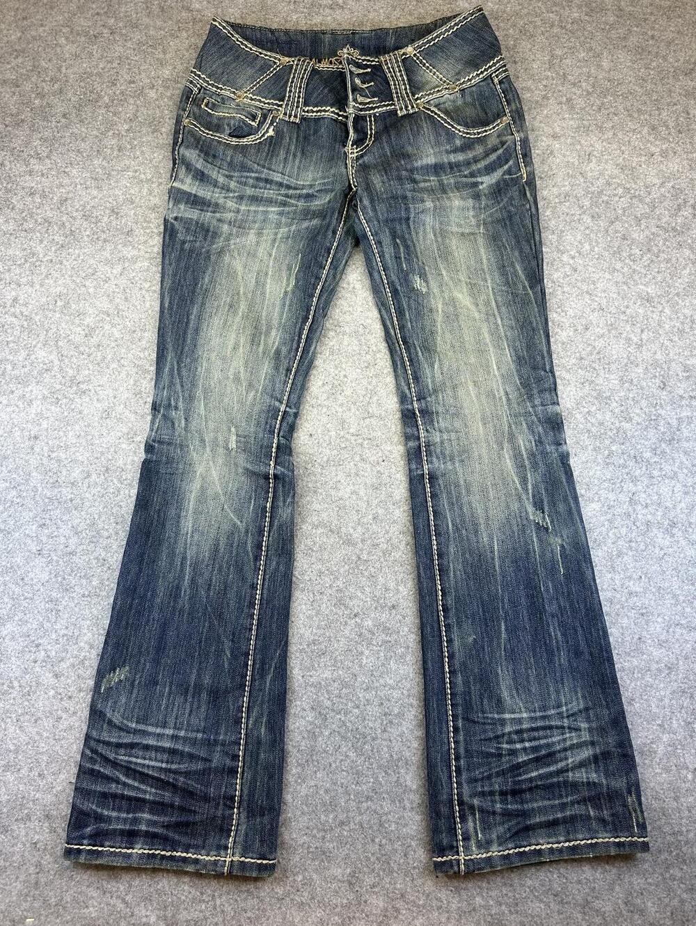 Vintage Almost Famous Low Rise Jeans Women Sz 7 Flare Y2K Embroider Stitch 28x31